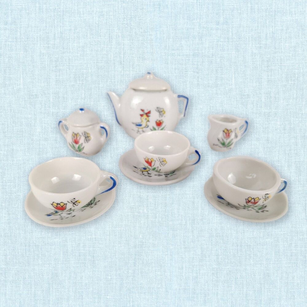 Vintage Miniature Porcelain Toy Tea Set Japan 1940s Bird Tulip Hand Painted 9pc